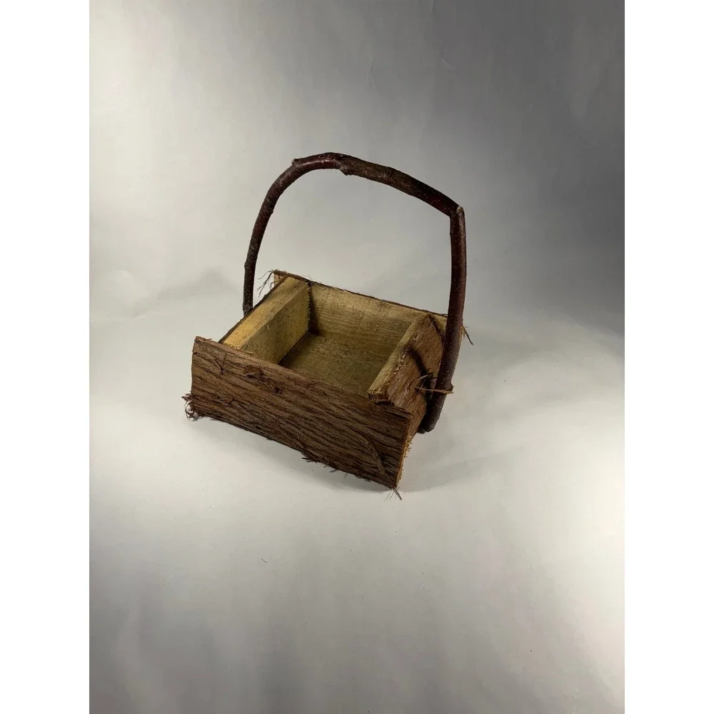 Primitive Rustic Log Basket Natural Bark Wood Branch Handle Cottagecore Canadian
